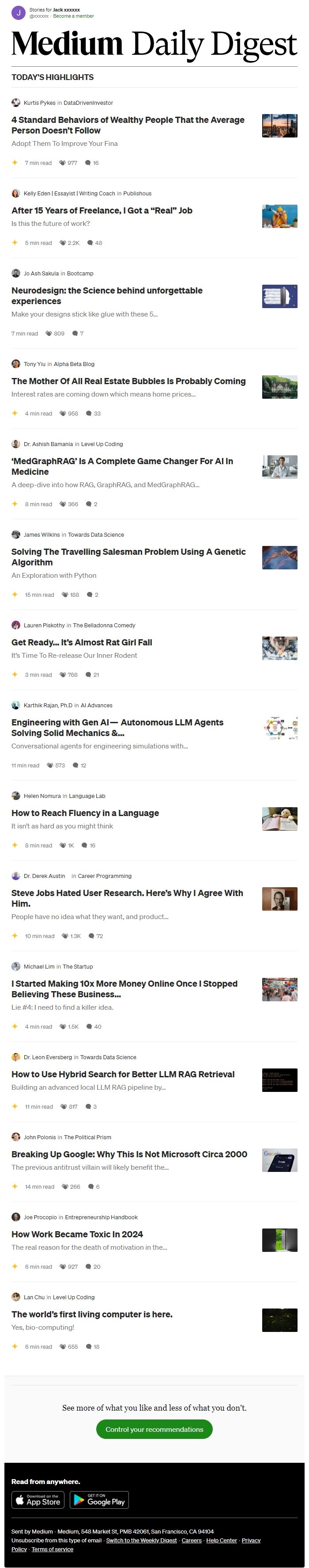 Screenshot of the email generated on import