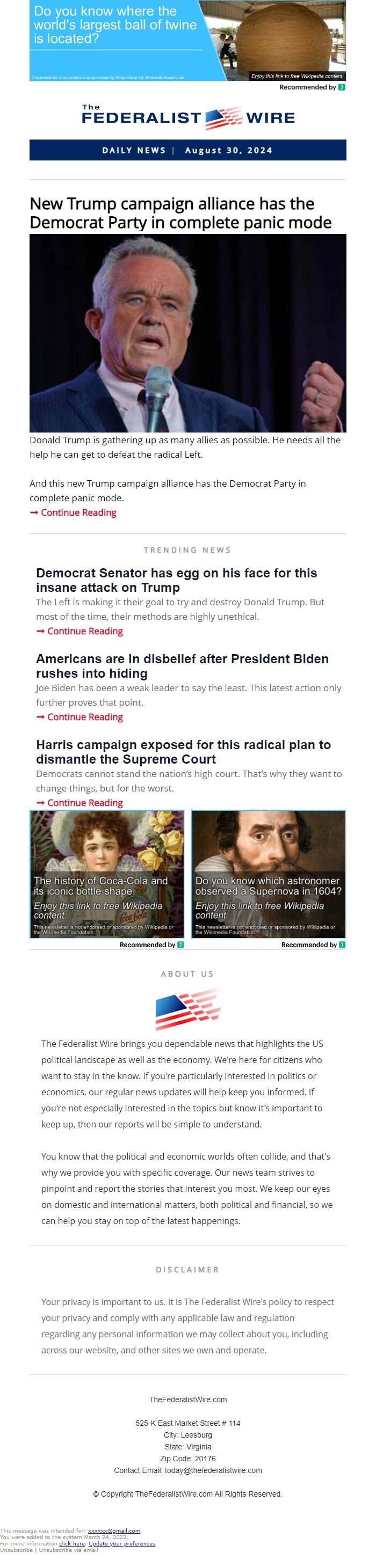 Screenshot of the email generated on import