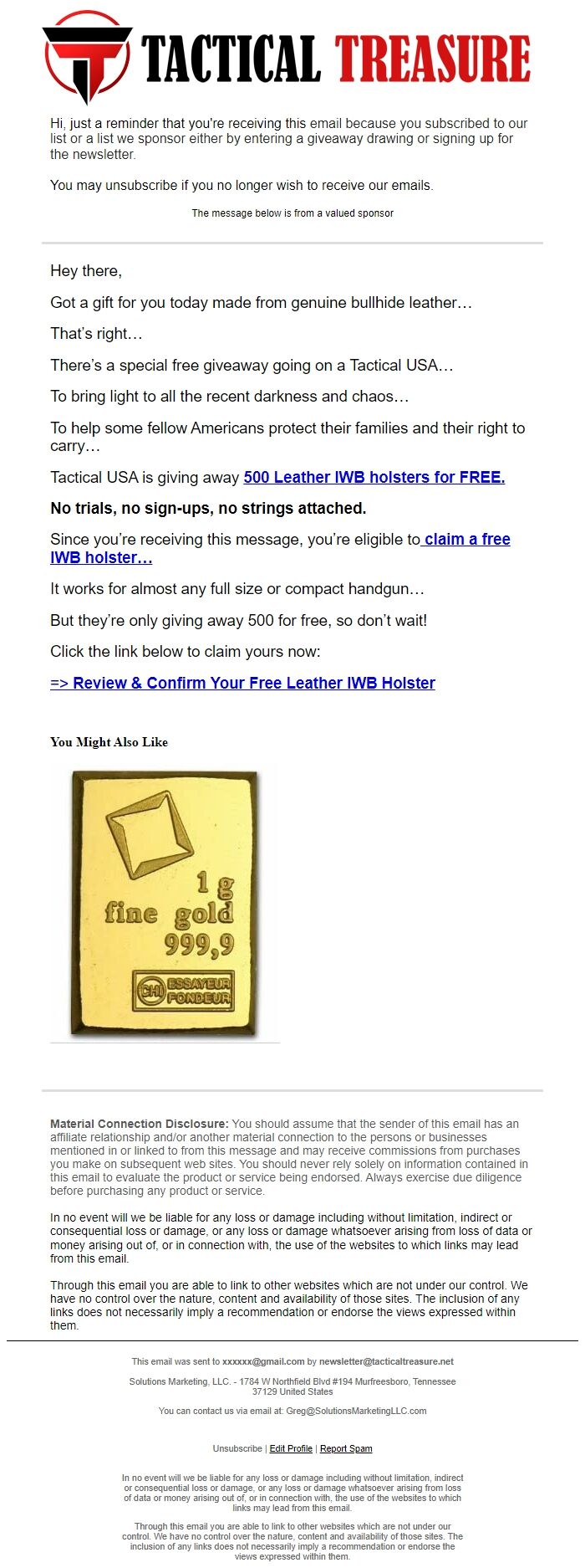 Screenshot of the email generated on import