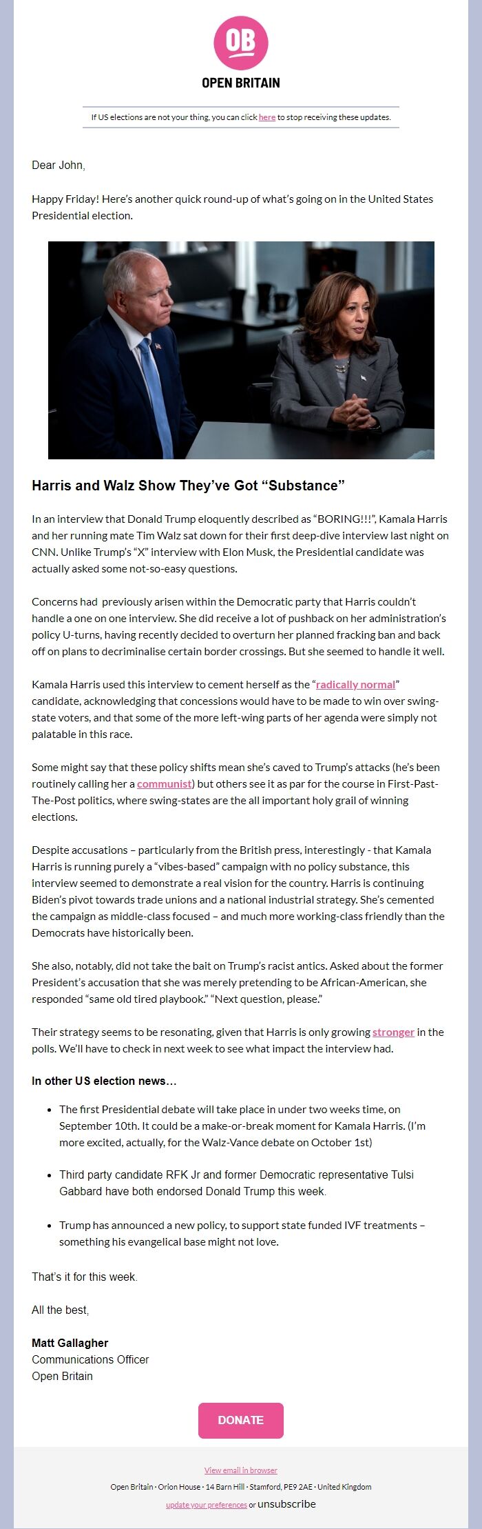 Screenshot of the email generated on import