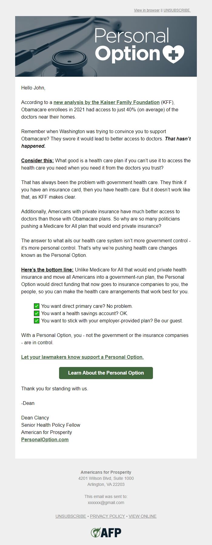 Screenshot of the email generated on import