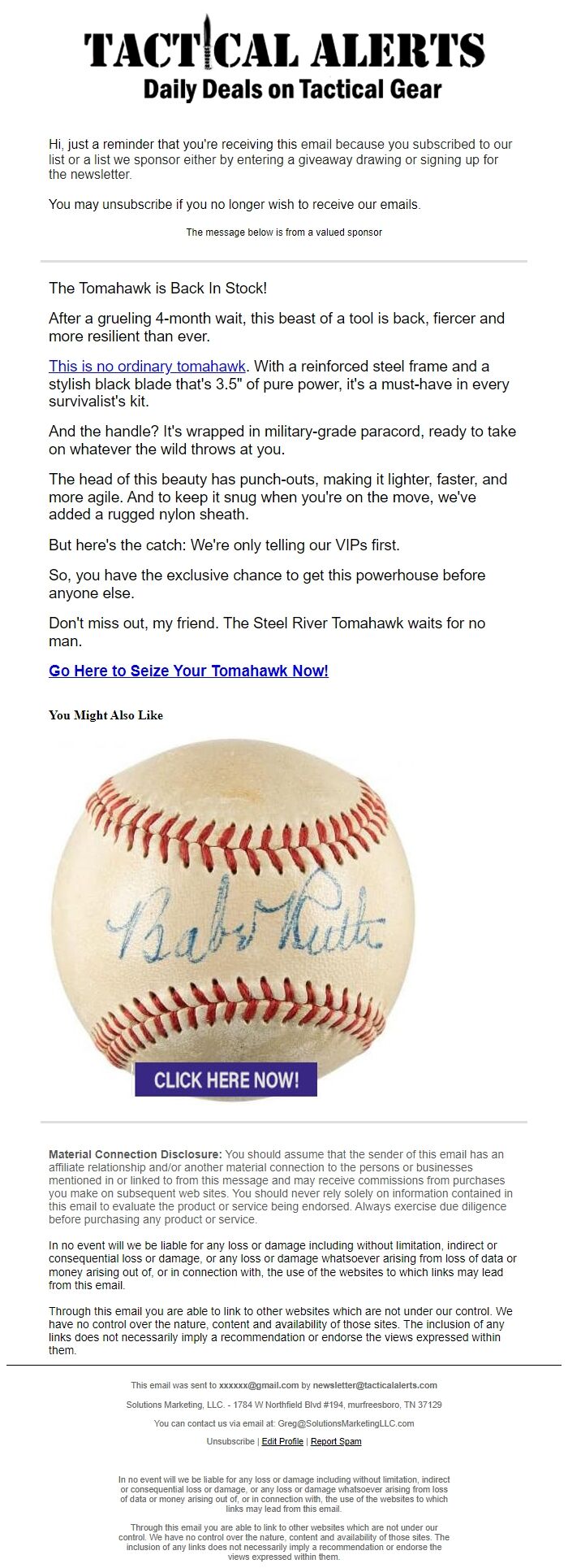 Screenshot of the email generated on import