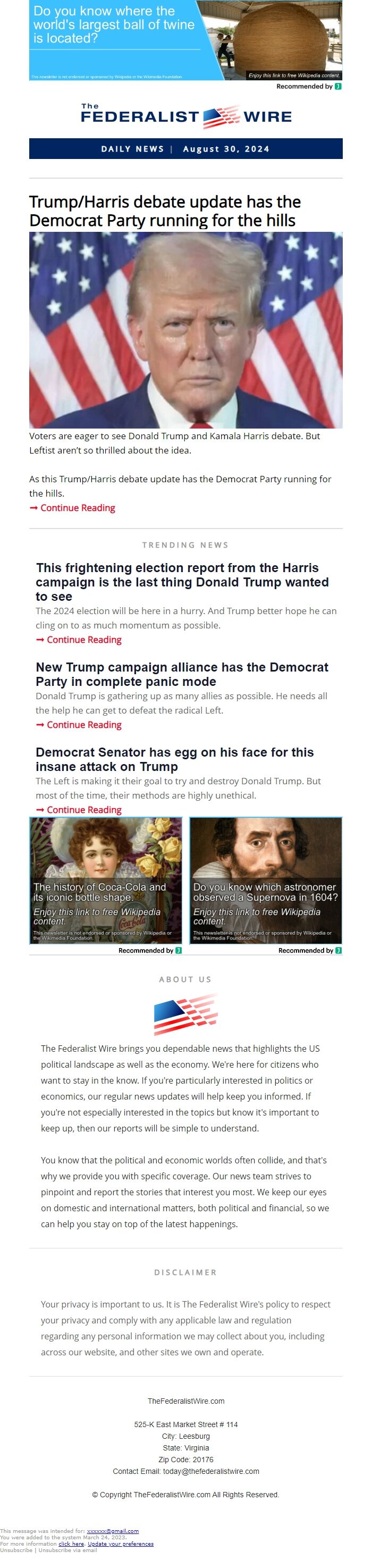 Screenshot of the email generated on import