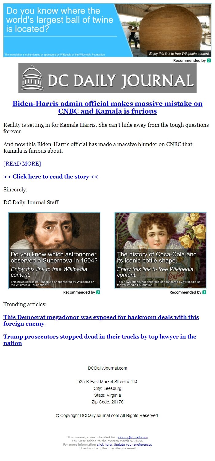 Screenshot of the email generated on import