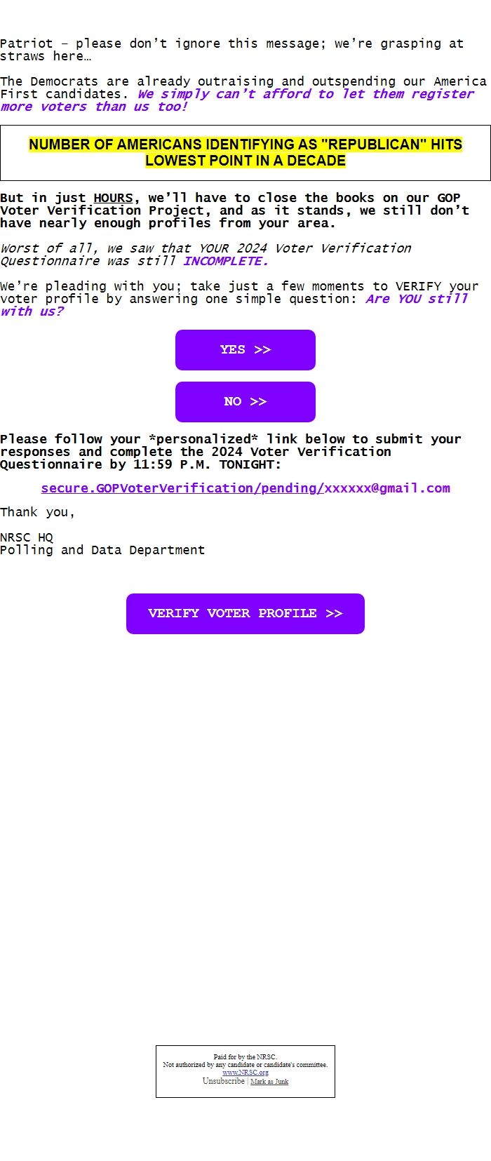 Screenshot of the email generated on import