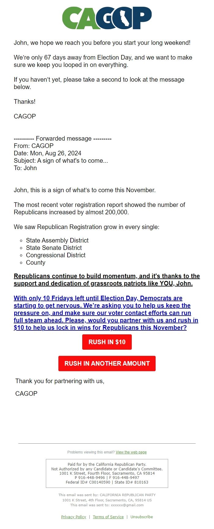 Screenshot of the email generated on import