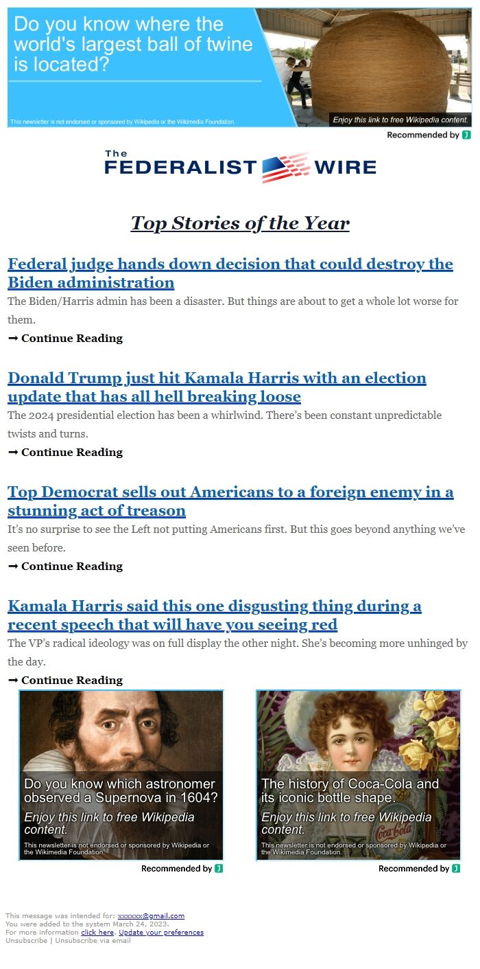 Screenshot of the email generated on import