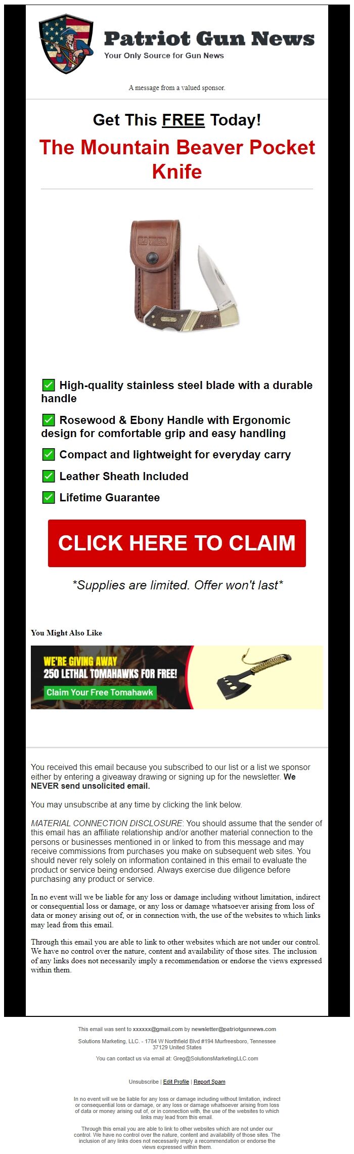 Screenshot of the email generated on import