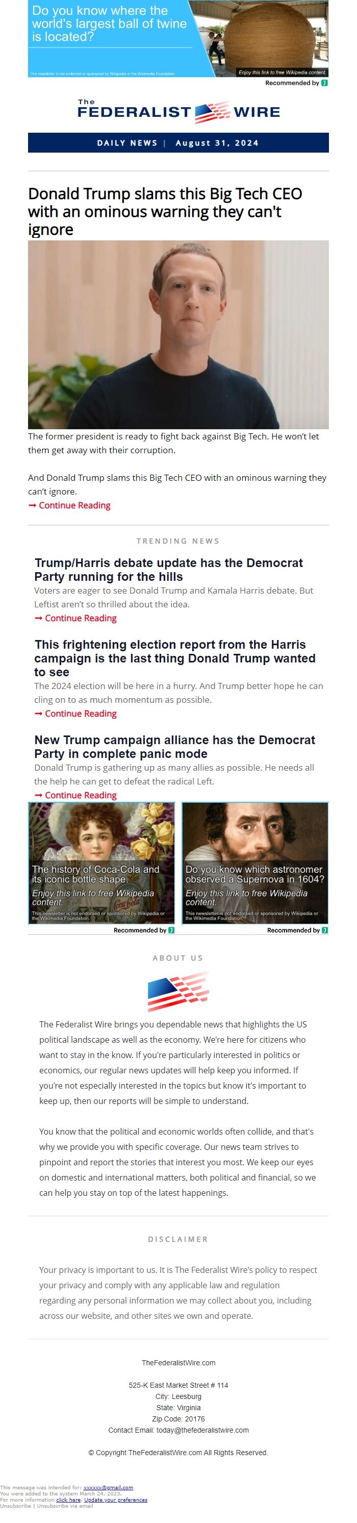 Screenshot of the email generated on import