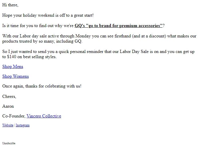 Screenshot of the email generated on import