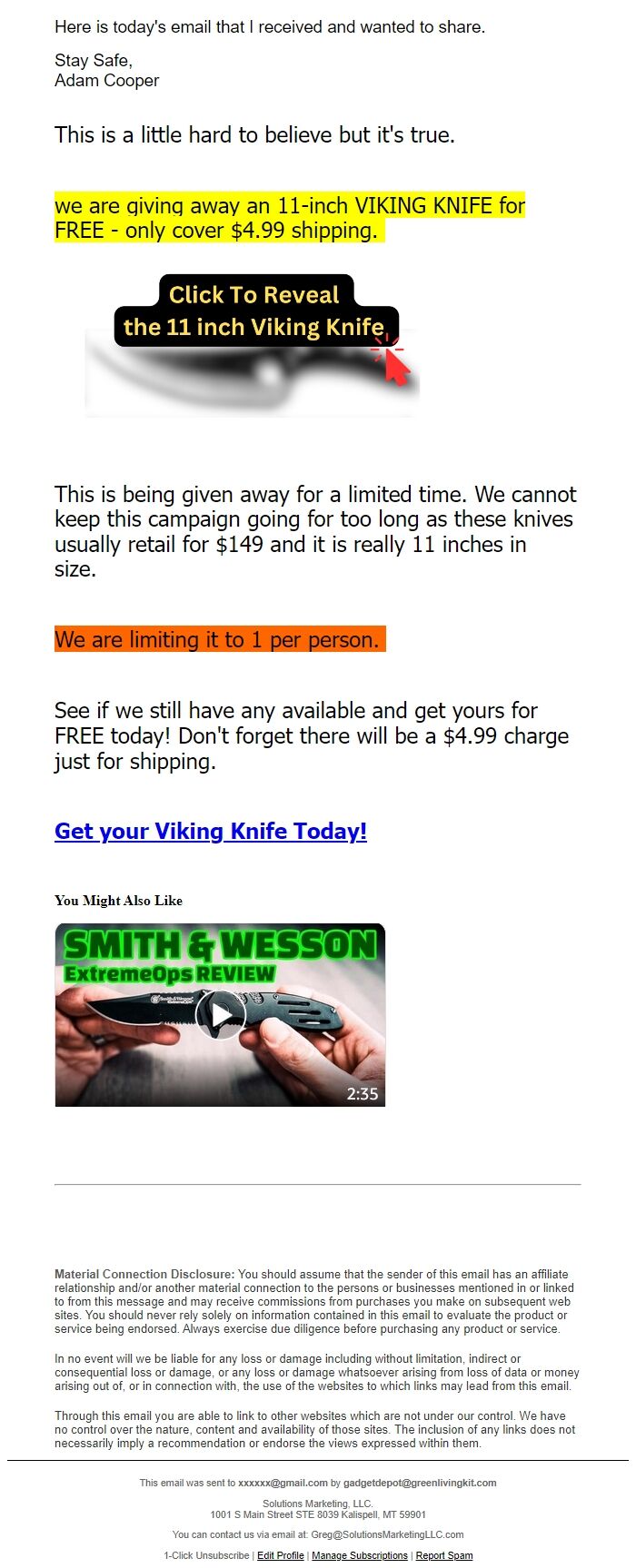 Screenshot of the email generated on import