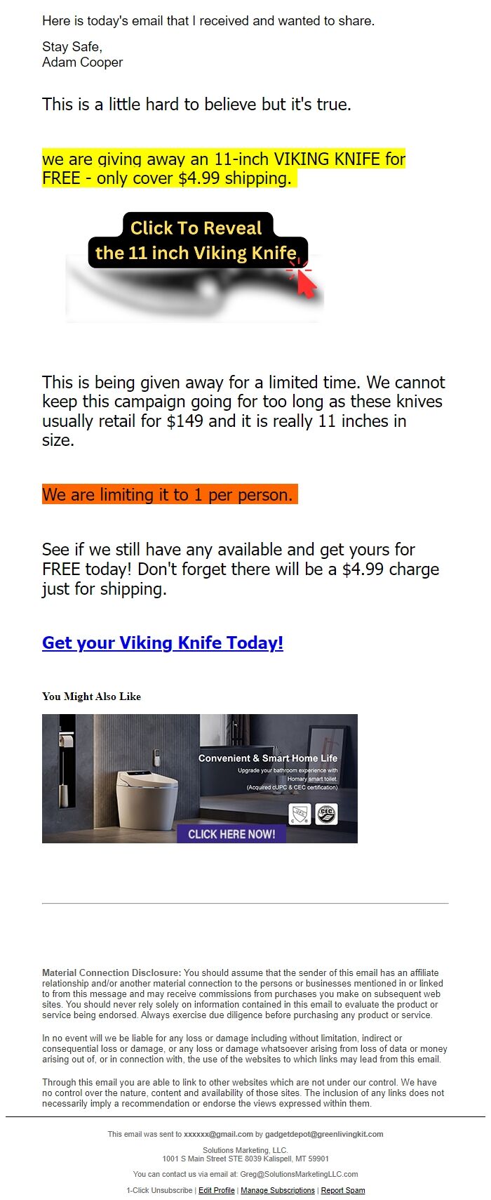 Screenshot of the email generated on import