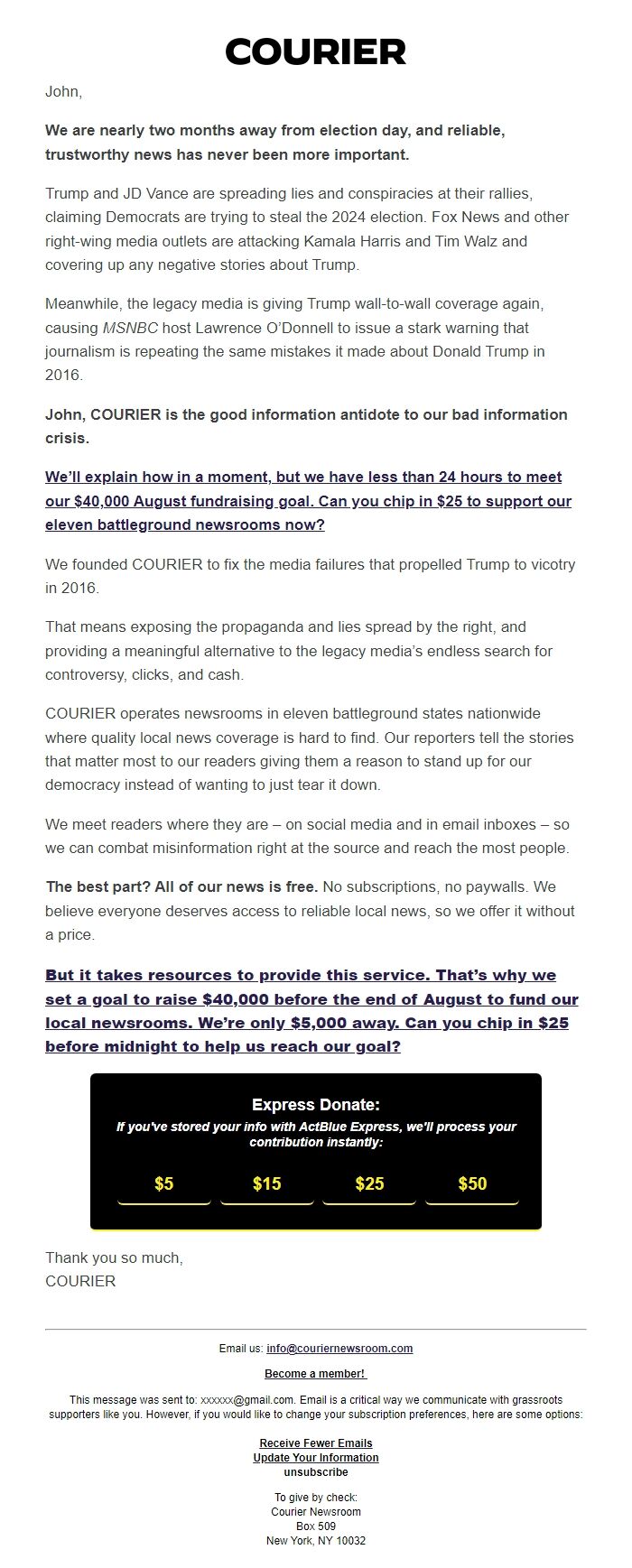 Screenshot of the email generated on import