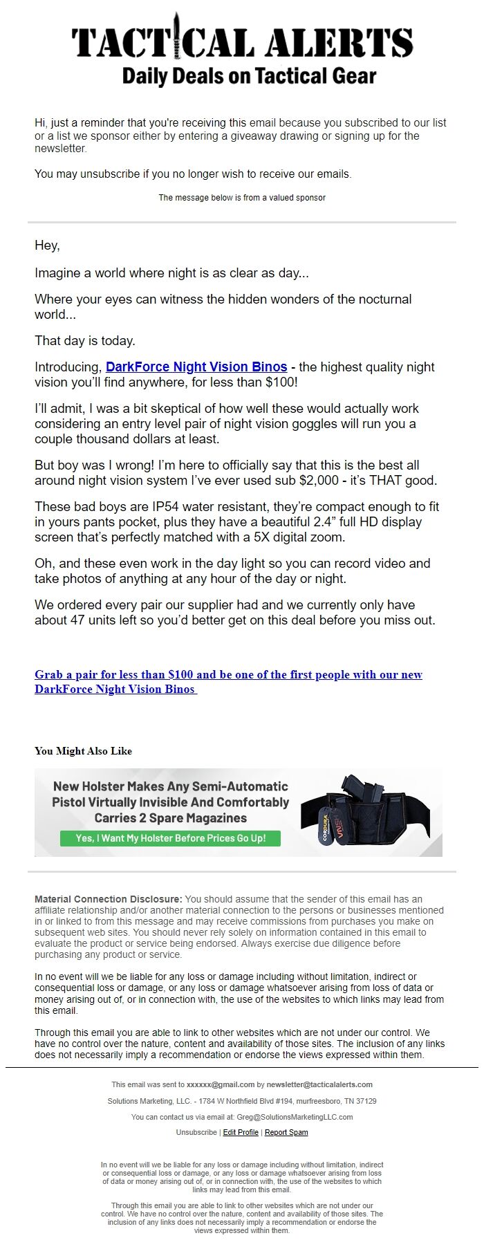 Screenshot of the email generated on import