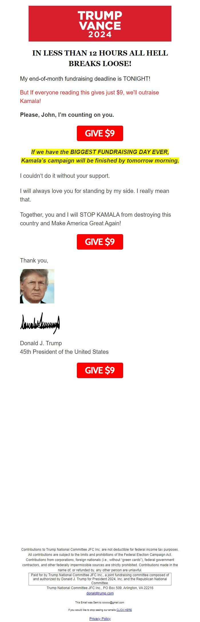 Screenshot of the email generated on import