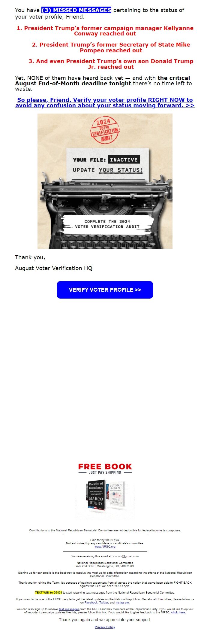 Screenshot of the email generated on import