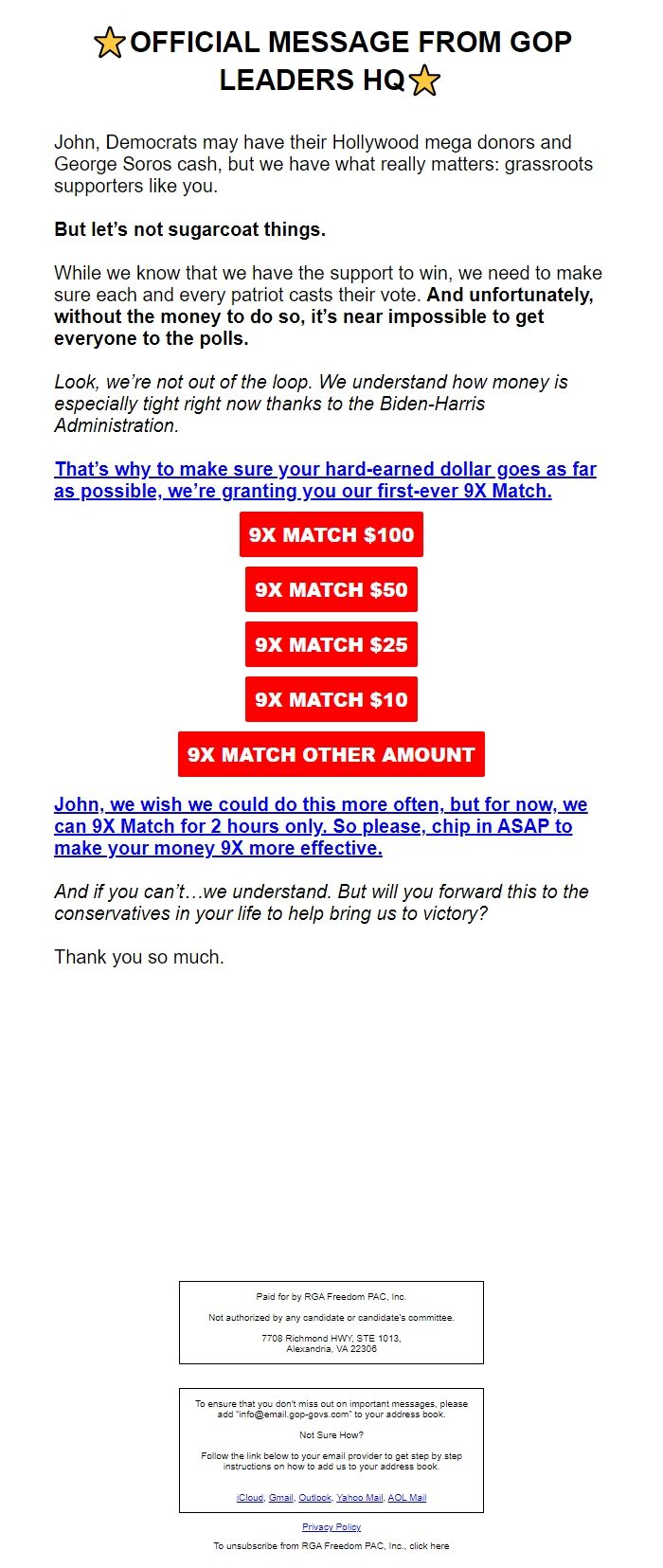 Screenshot of the email generated on import