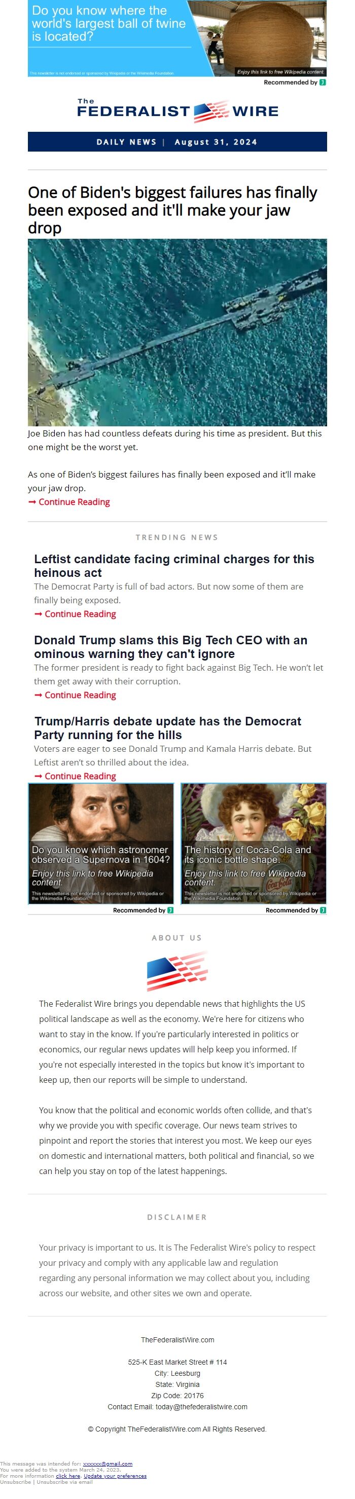 Screenshot of the email generated on import