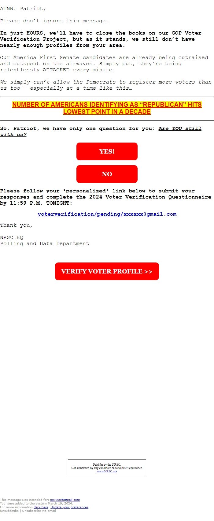 Screenshot of the email generated on import