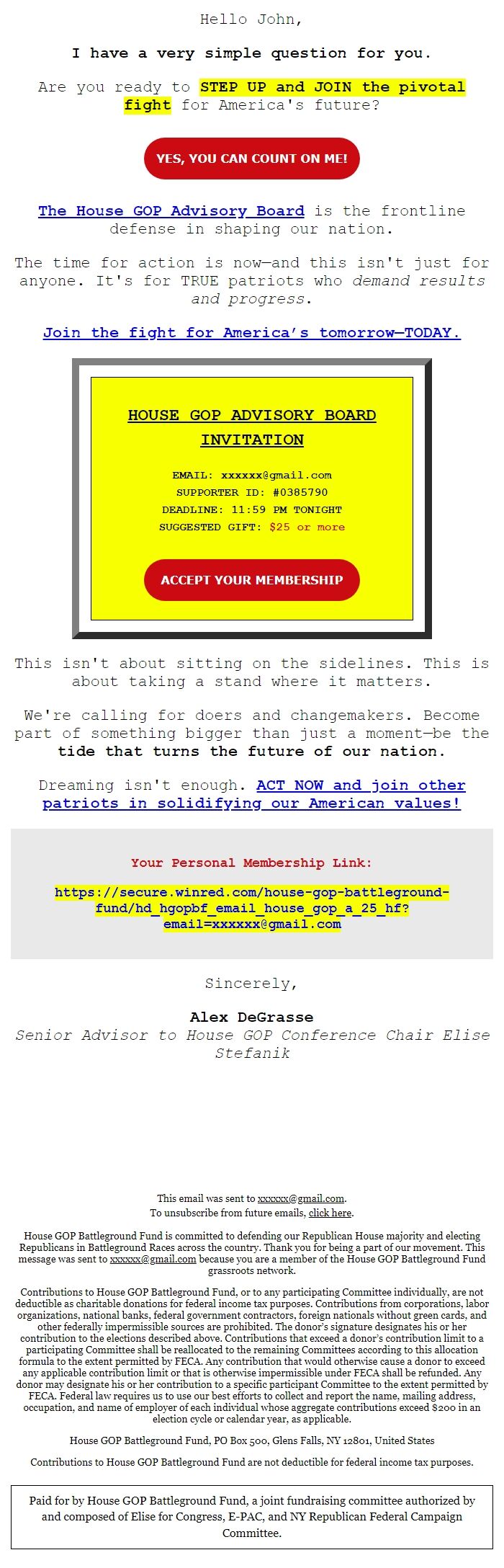 Screenshot of the email generated on import