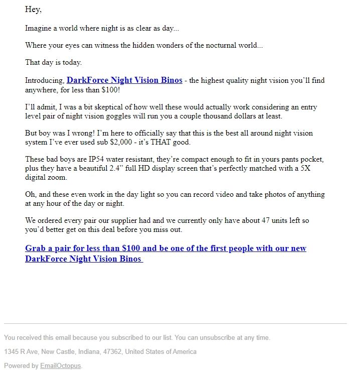 Screenshot of the email generated on import