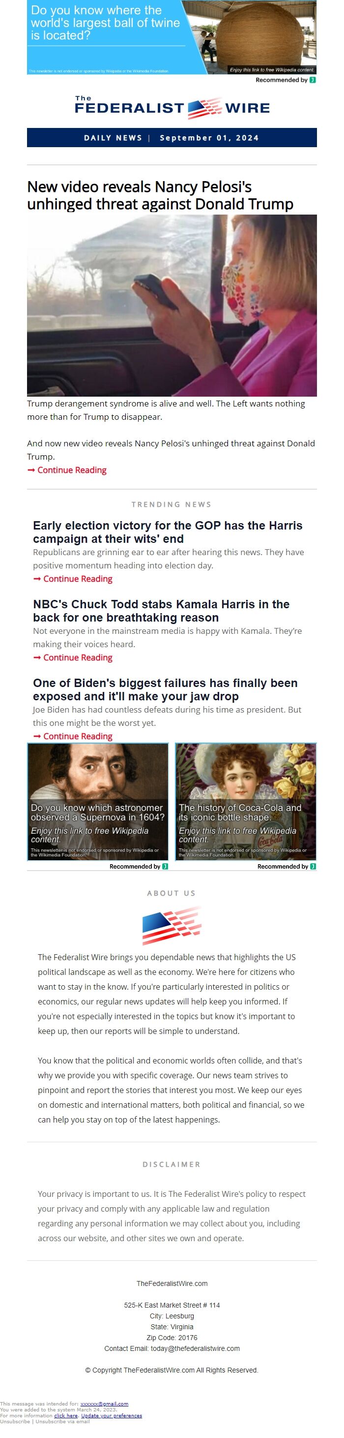 Screenshot of the email generated on import