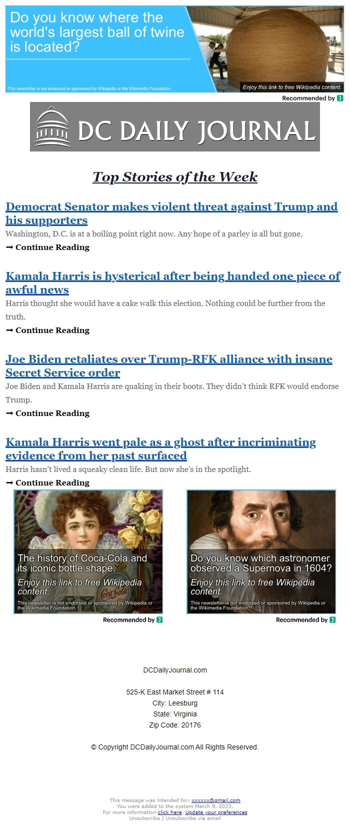 Screenshot of the email generated on import