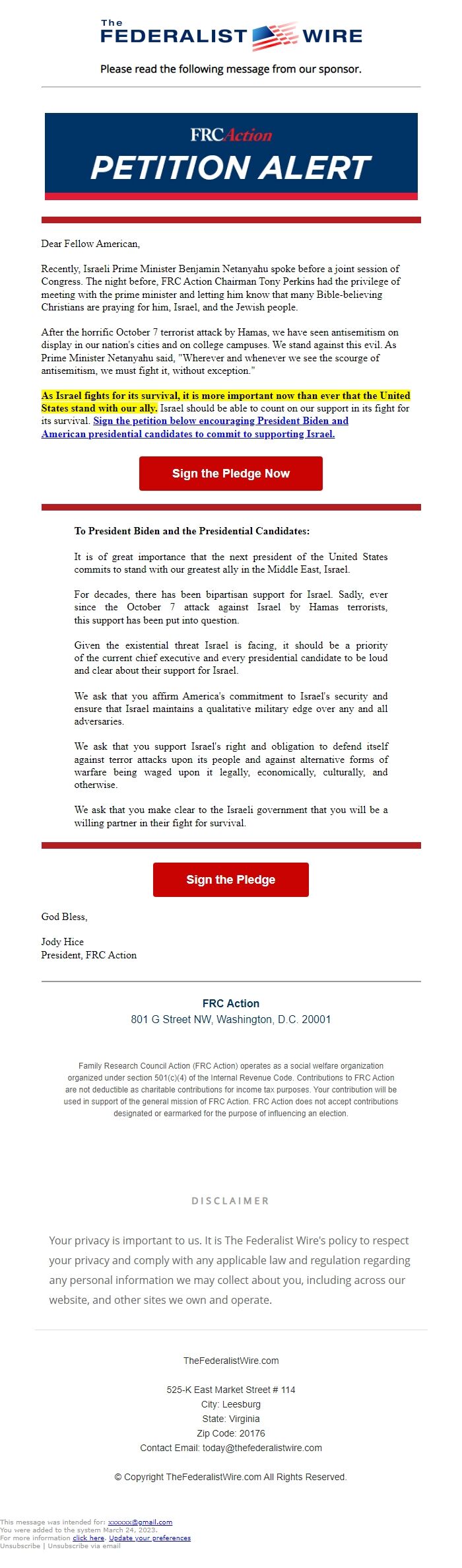 Screenshot of the email generated on import