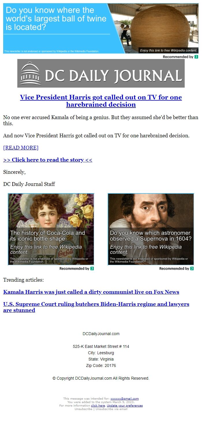 Screenshot of the email generated on import