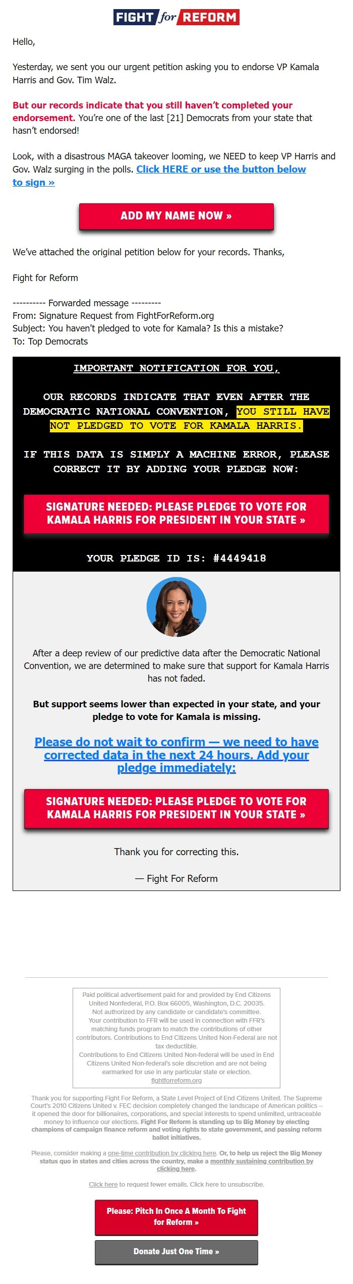 Screenshot of the email generated on import