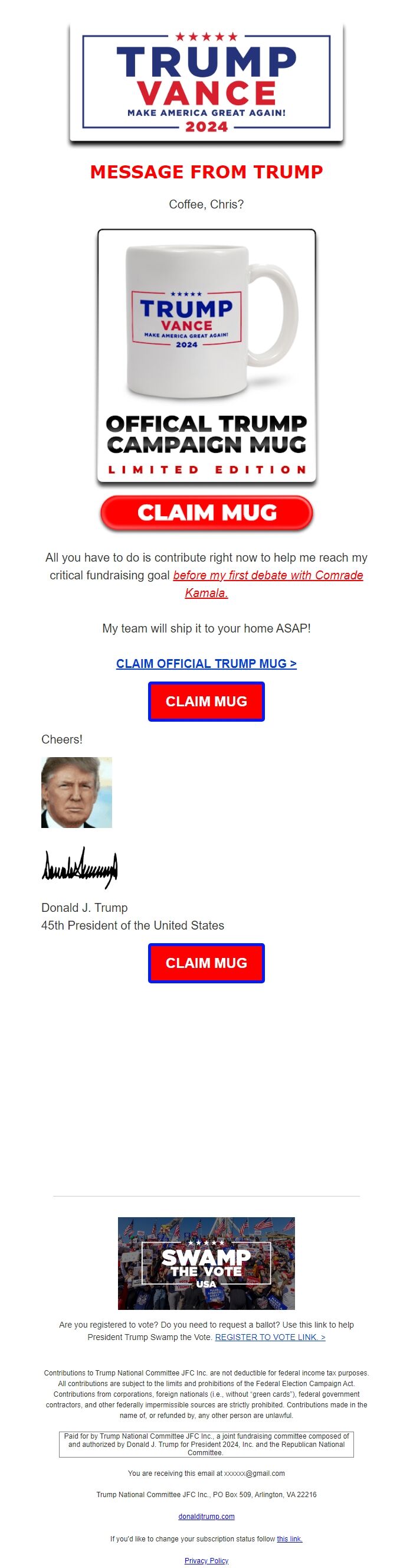 Screenshot of the email generated on import