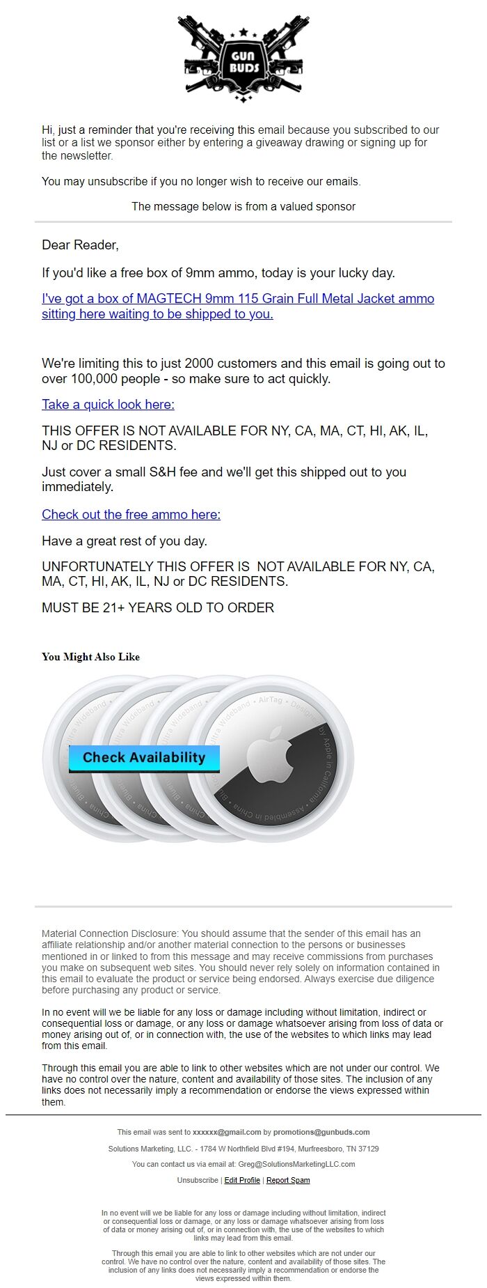 Screenshot of the email generated on import
