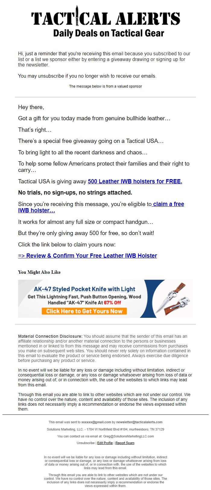 Screenshot of the email generated on import
