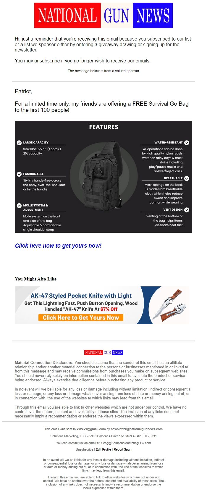 Screenshot of the email generated on import