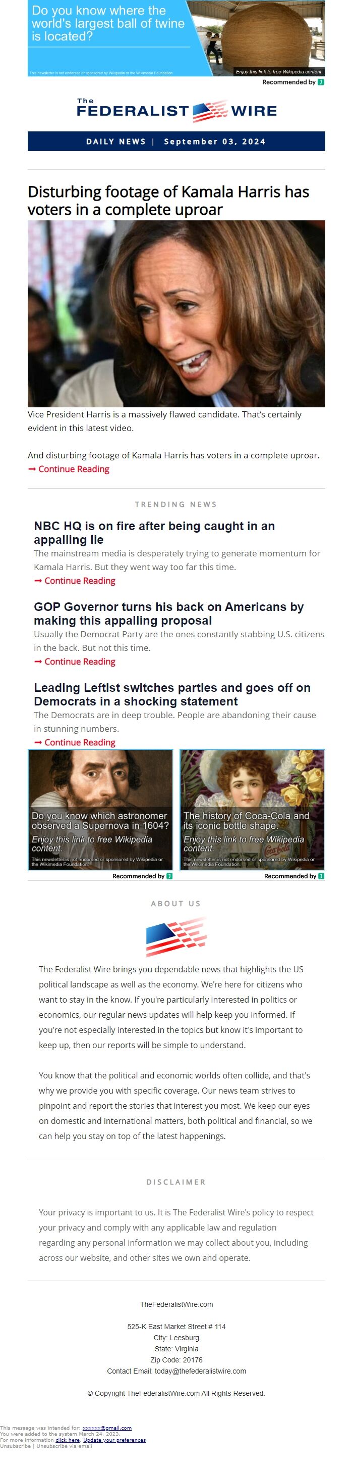 Screenshot of the email generated on import