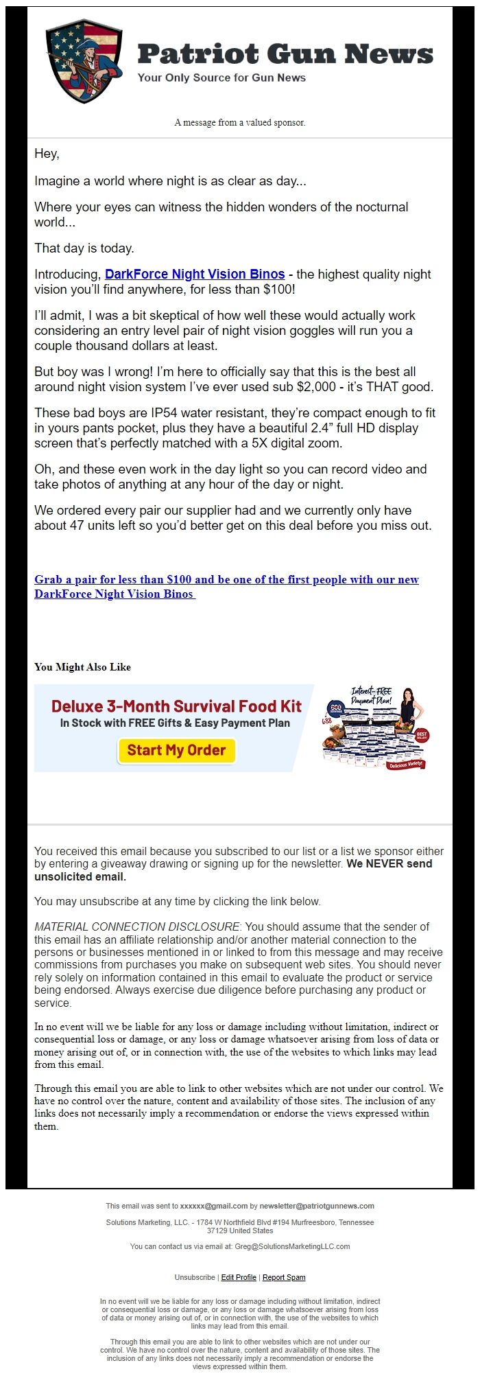 Screenshot of the email generated on import