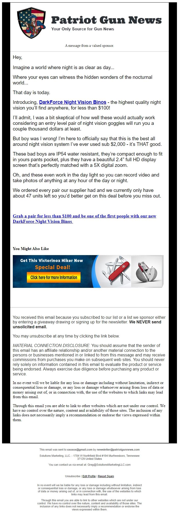 Screenshot of the email generated on import