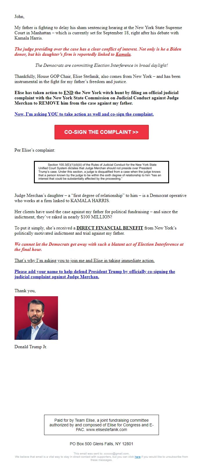 Screenshot of the email generated on import