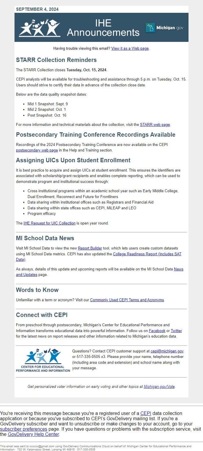 Screenshot of the email generated on import