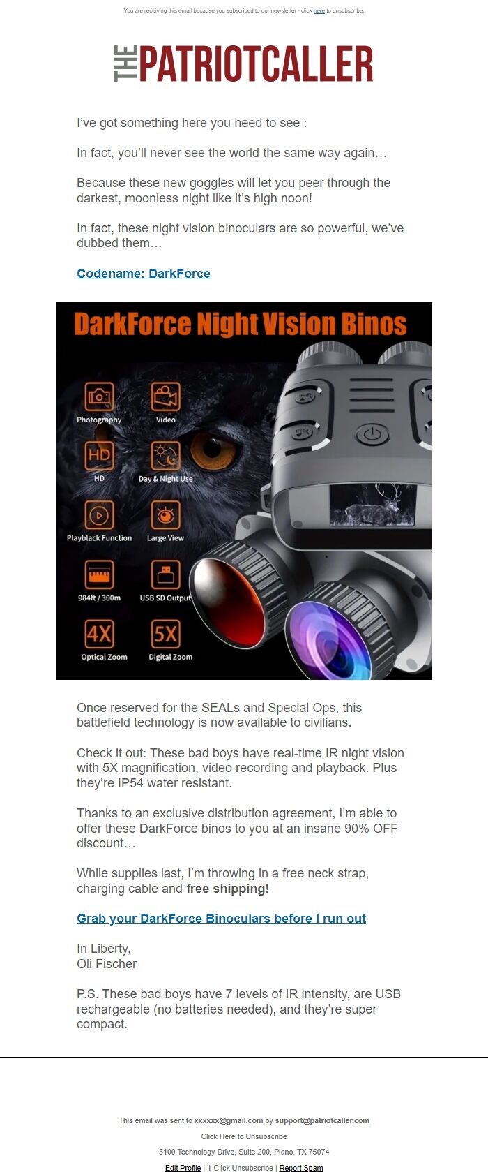 Screenshot of the email generated on import