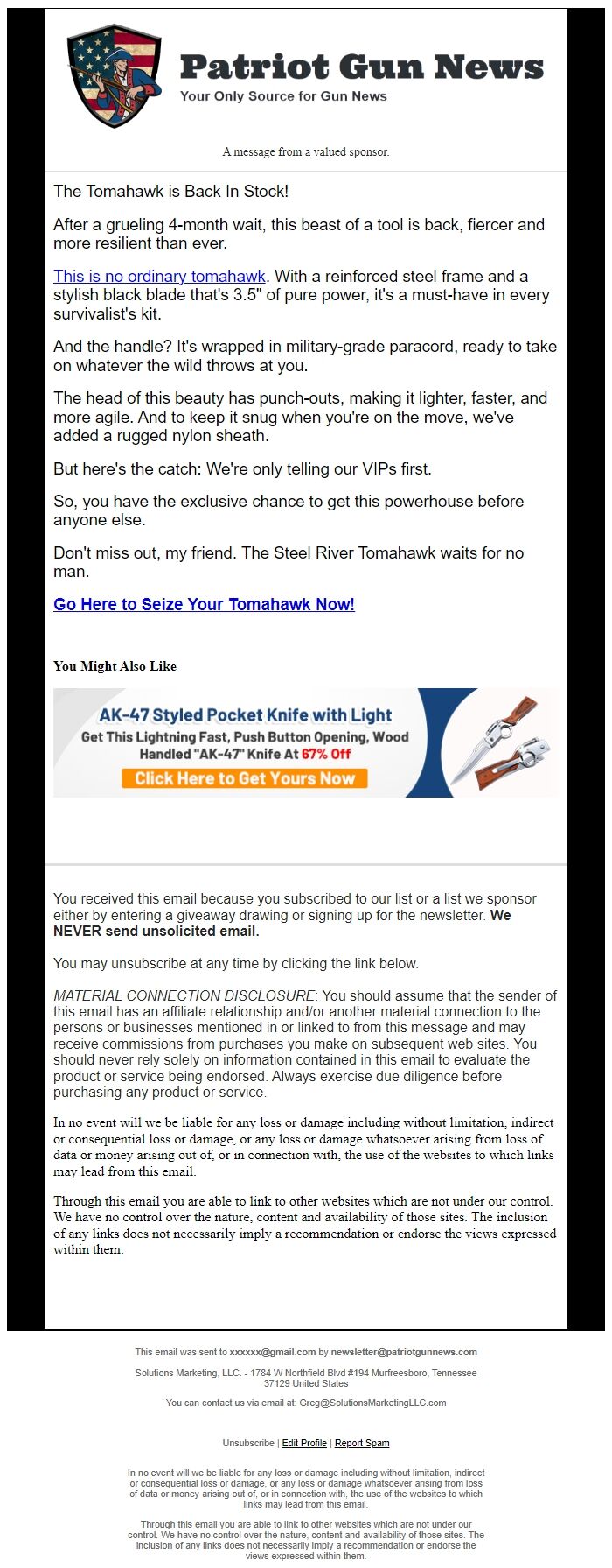 Screenshot of the email generated on import