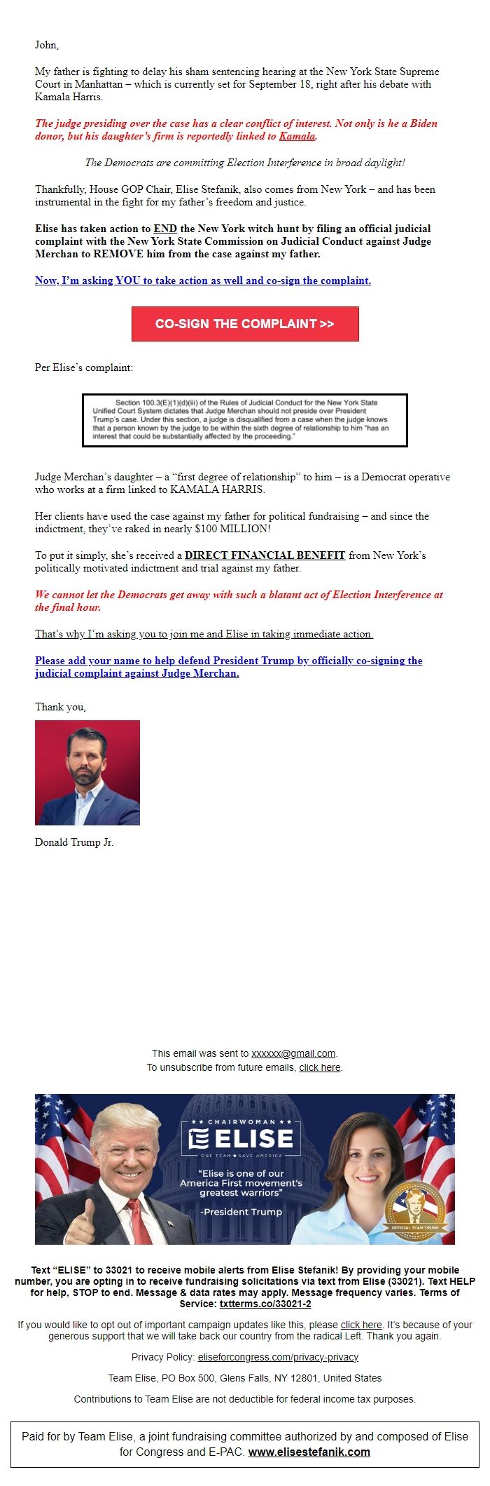 Screenshot of the email generated on import