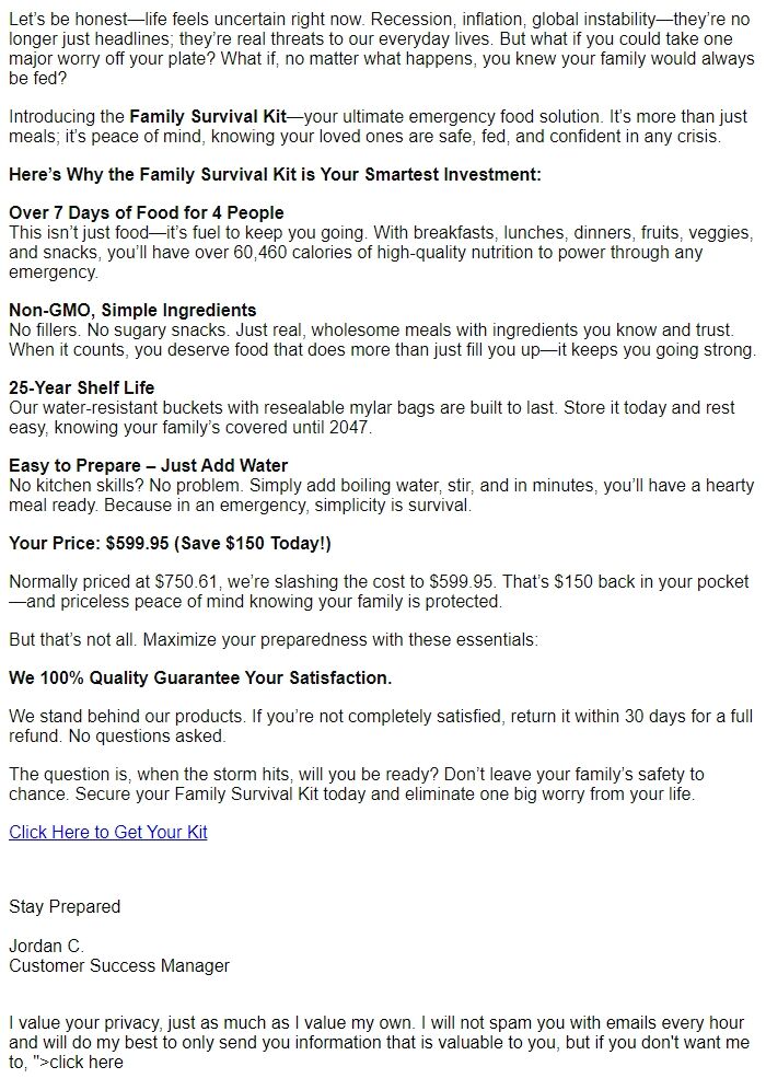 Screenshot of the email generated on import