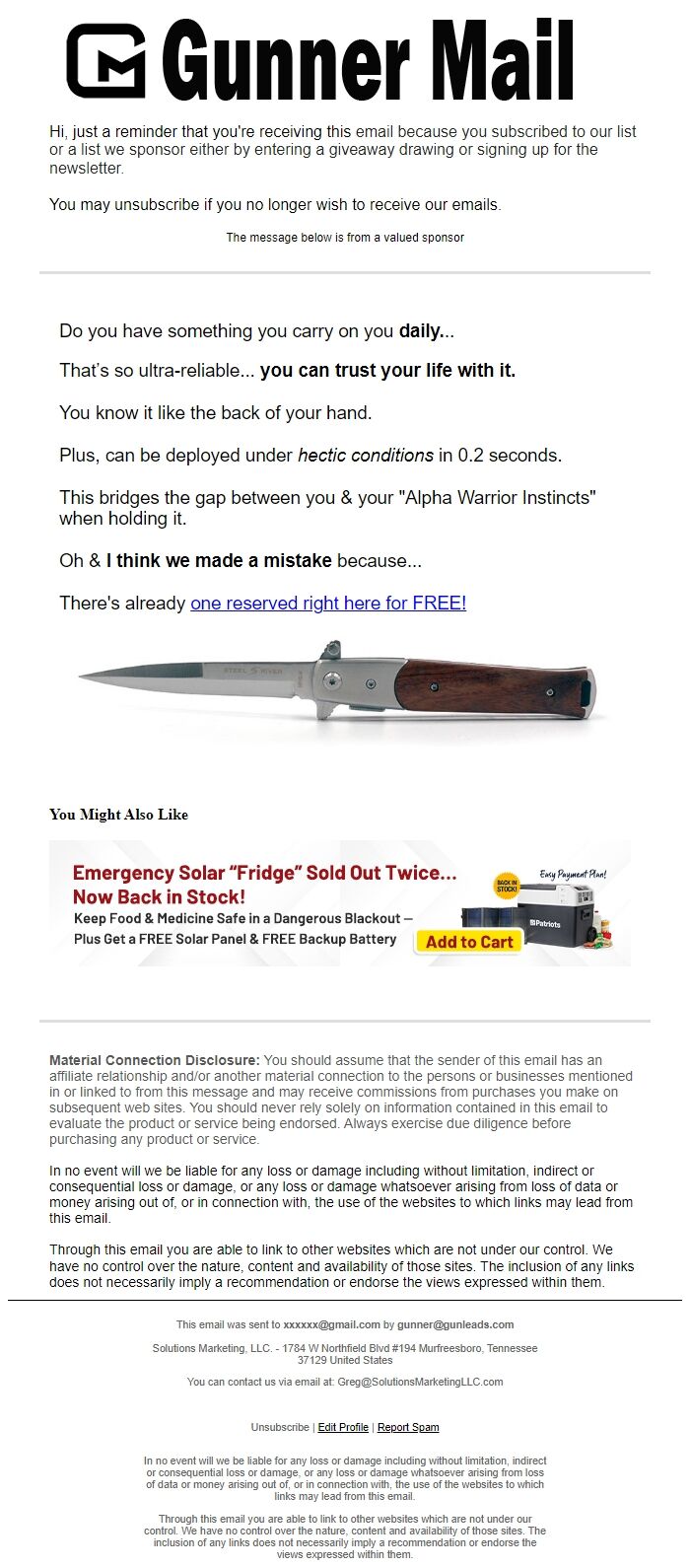 Screenshot of the email generated on import