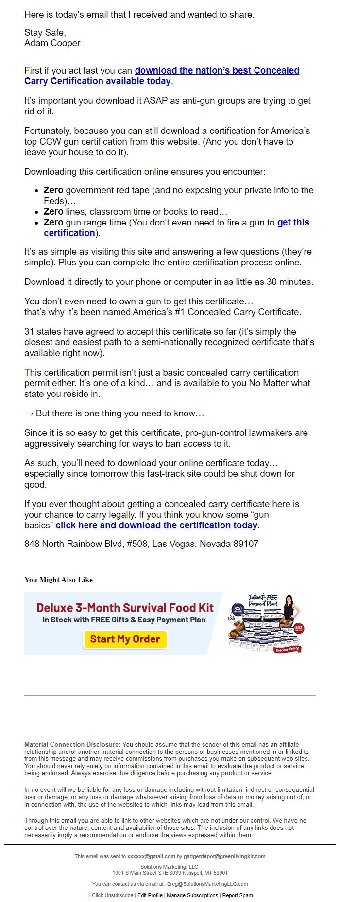 Screenshot of the email generated on import