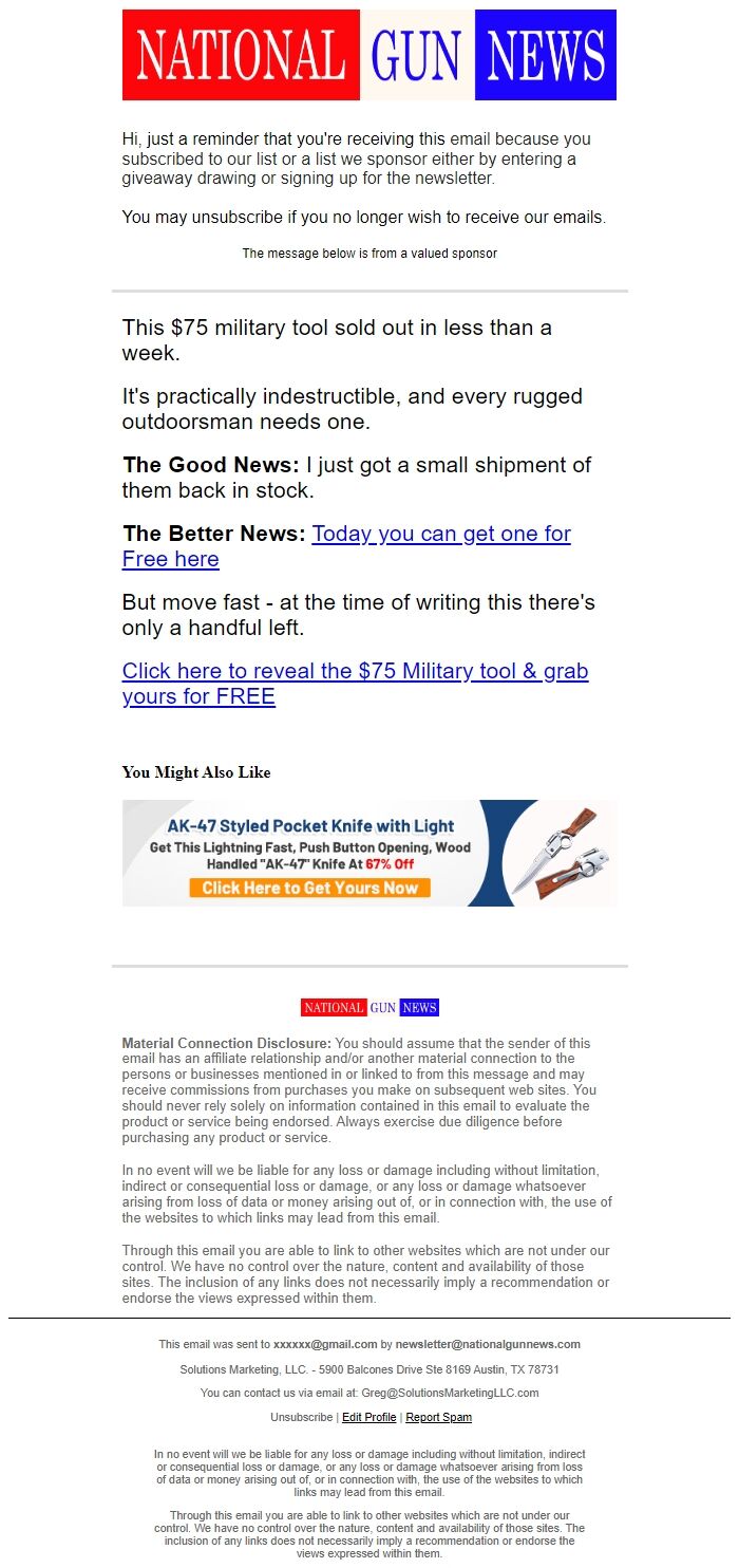 Screenshot of the email generated on import