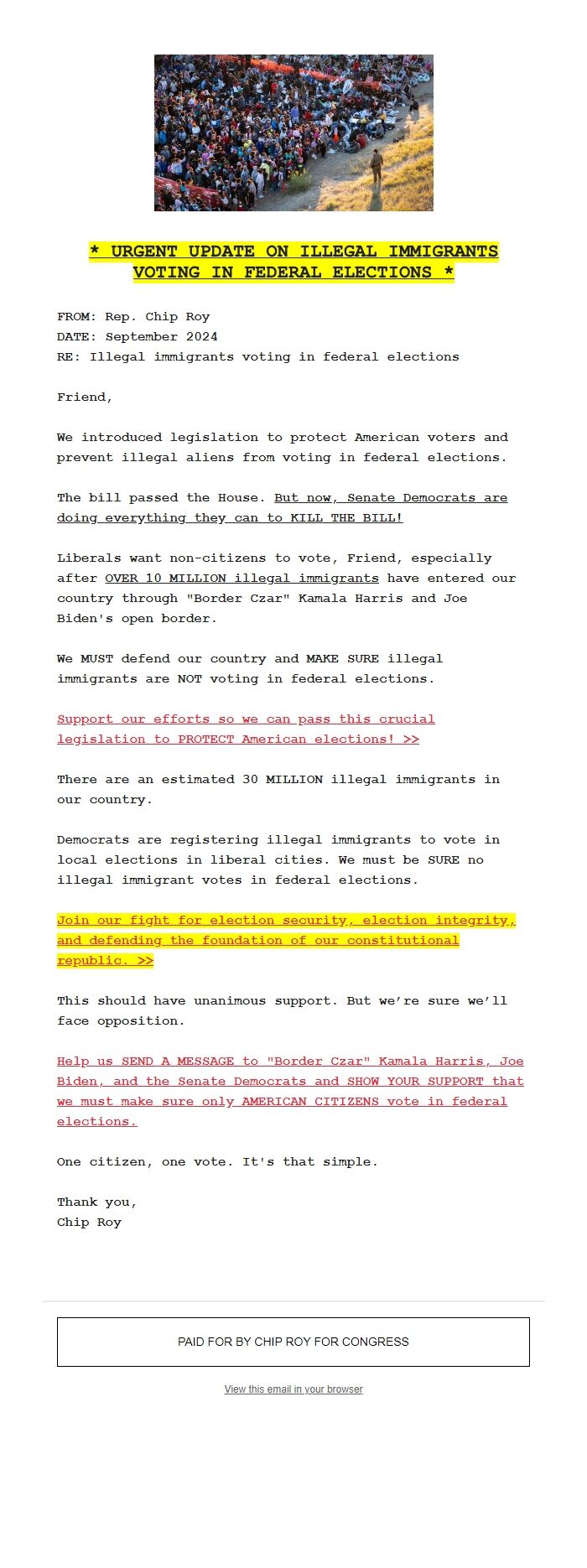 Screenshot of the email generated on import