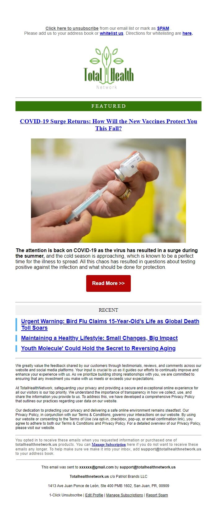 Screenshot of the email generated on import