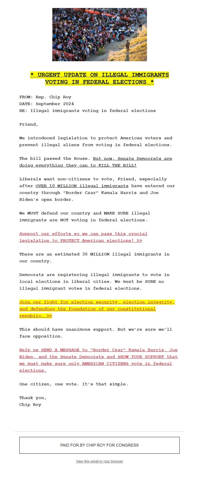 Screenshot of the email generated on import