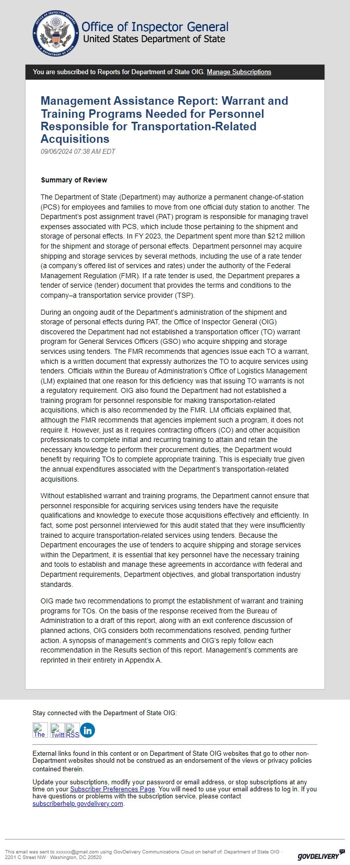 Screenshot of the email generated on import